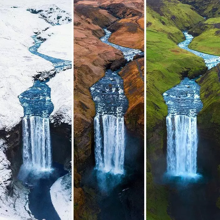 Une cascade en Islande lors de différentes saisons