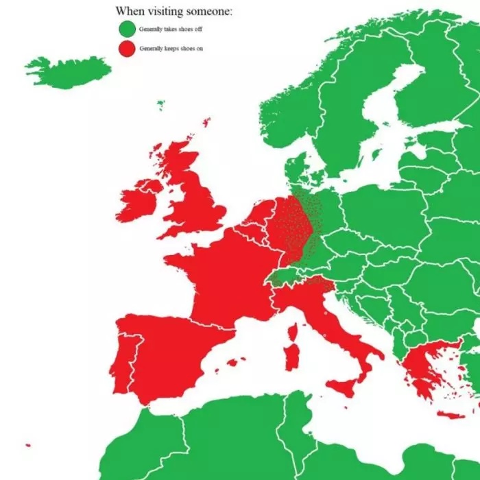 En rouge, les pays où sont autorisés les invités à garder leurs chaussures dans la maison